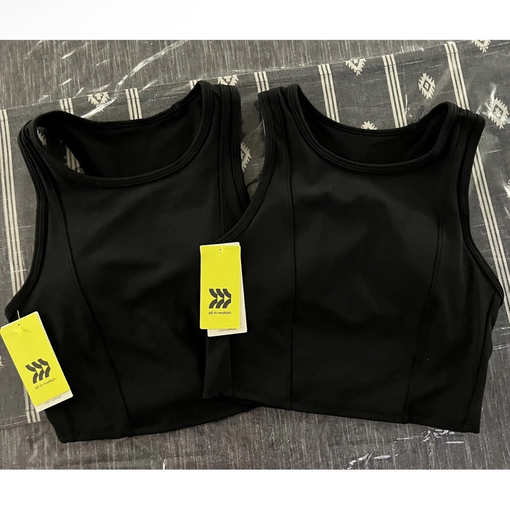 2 ALL IN MOTION SIZE S CROP TOPS RACERBACK BLACK LIGHT SUPPORT REMOVABLE PADS